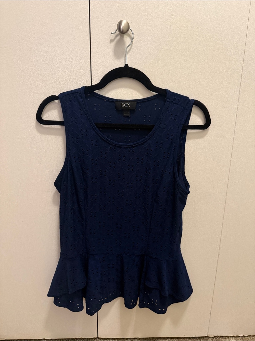 BCX Navy Eyelet Peplum Tank